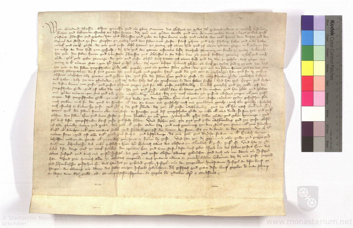 Gertrud, Äbtissin, Elisabeth (Elspet), Priorin, und der Konvent des Klosters Gottesthal verkaufen ein Haus dem St. Stephansstift.