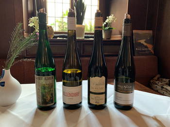 4 Flaschen Rheingau Riesling auf einem Tisch