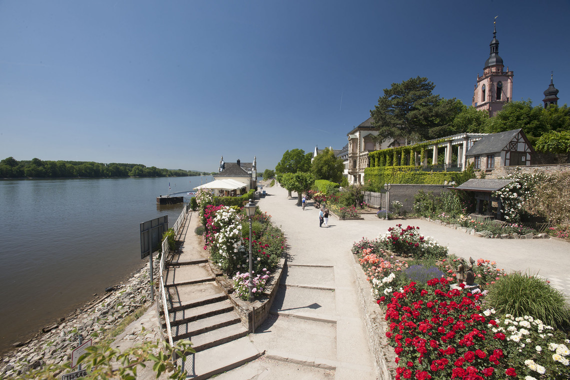 Uferpromenade mit der katholischen Pfarrkirche St. Peter und Paul (rechts).